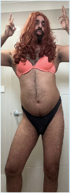 Bearded sissy loser Manpreet exposed in his auntie's pink bra and panties