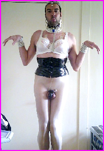 Limp-wristed sissy loser Roberto in lacy bra and chastity cage
