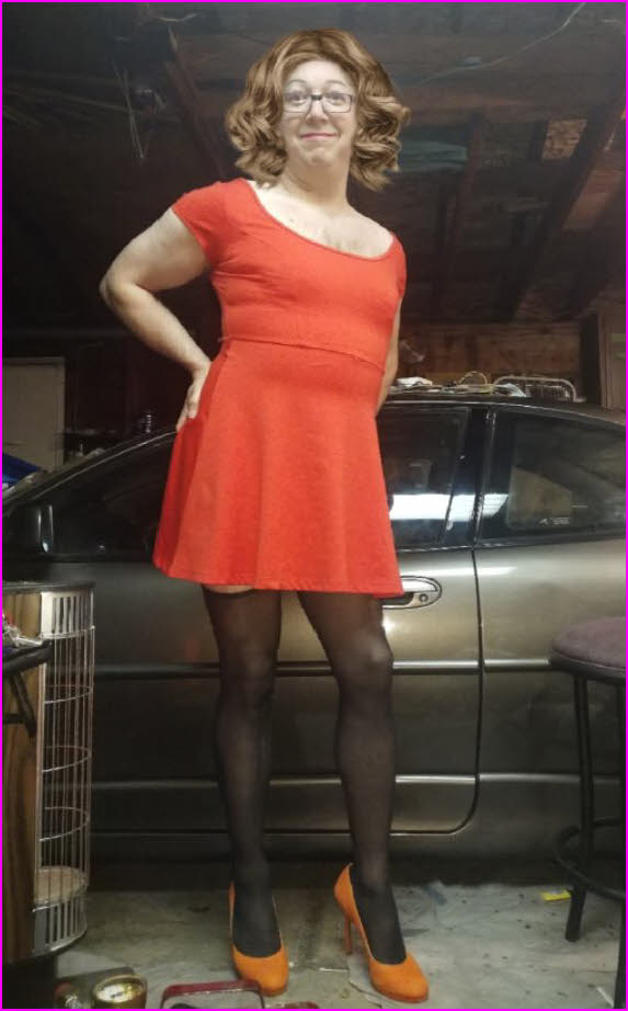Slutty sissy Keith Morency's dress doesn't quite cover his stocking tops Slutty sissy Keith Morency's dress doesn't quite cover his stocking tops