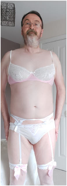 Closet fag Paul exposed in white lingerie and stockings Closet fag Paul exposed in white lingerie and stockings