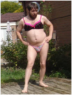 Bearded faggot Keith Morency failing as a man in a bra and panties