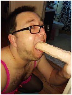 Tragic faggot Keith Morency opens wide to gobble up his massive veined dildo