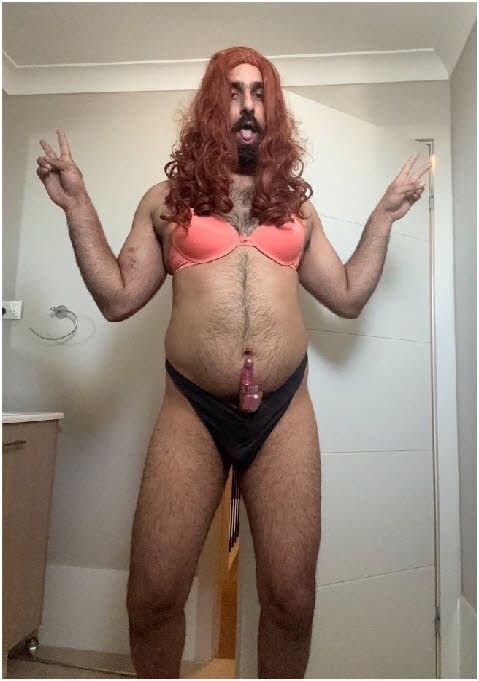 Hairy pantie wearer Manpreet with a vibrator stuffed down his knickers