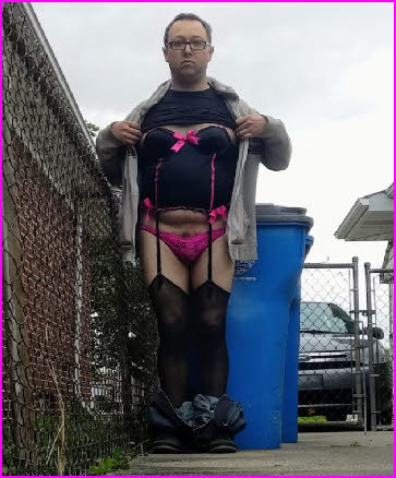 Closet tranny Keith wearing basque and stockings under his drab clothes Closet tranny Keith wearing basque and stockings under his drab clothes