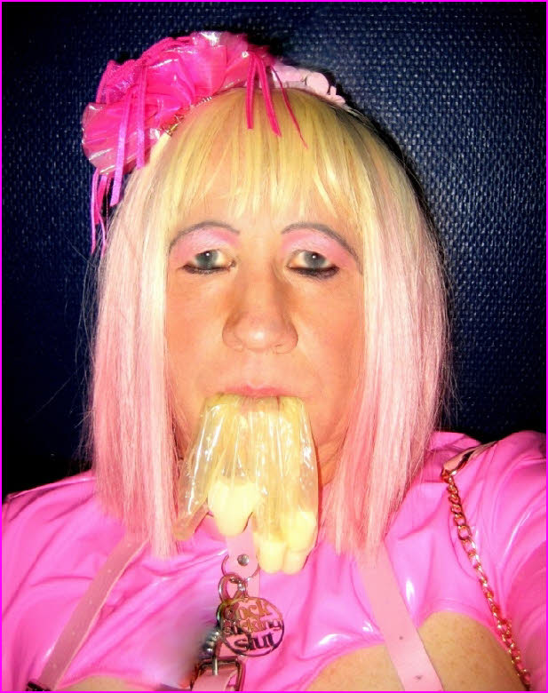 Pathetic sissy loser Carolin draining the spunk from used condoms